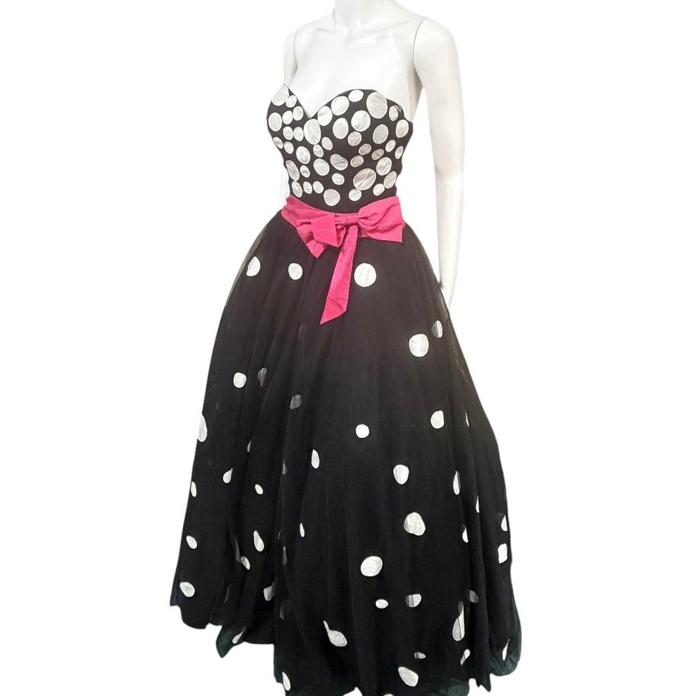 Jovani Black White Polka Dot Tulle Ball Gown Pink Sash Strapless Prom Dress 4 - Picture 3 of 7